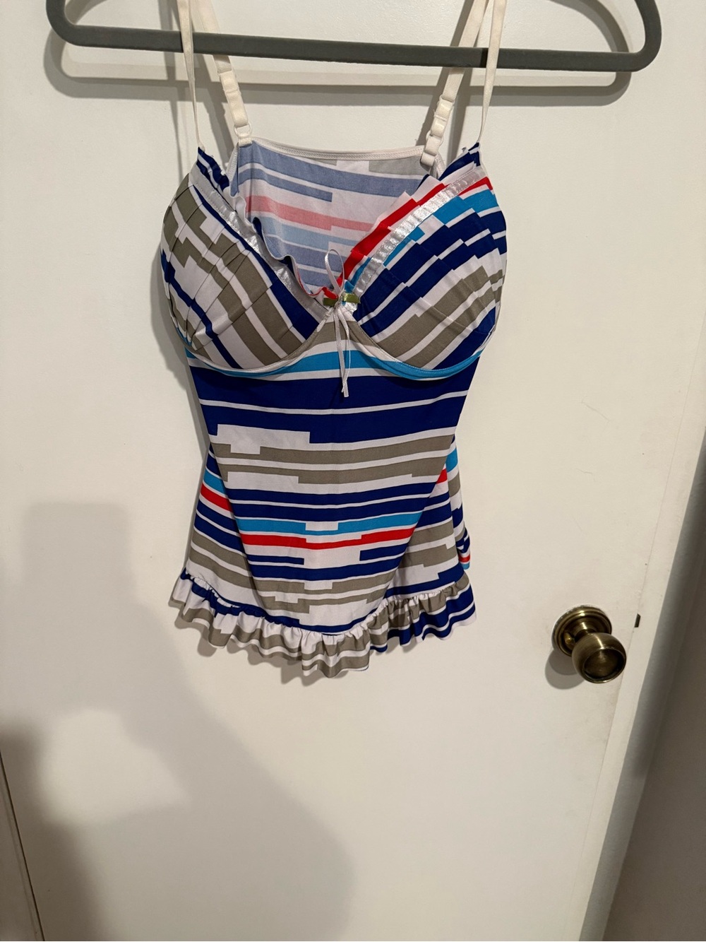 Striped Ruffle Hem Tankini Top - Blue Multi